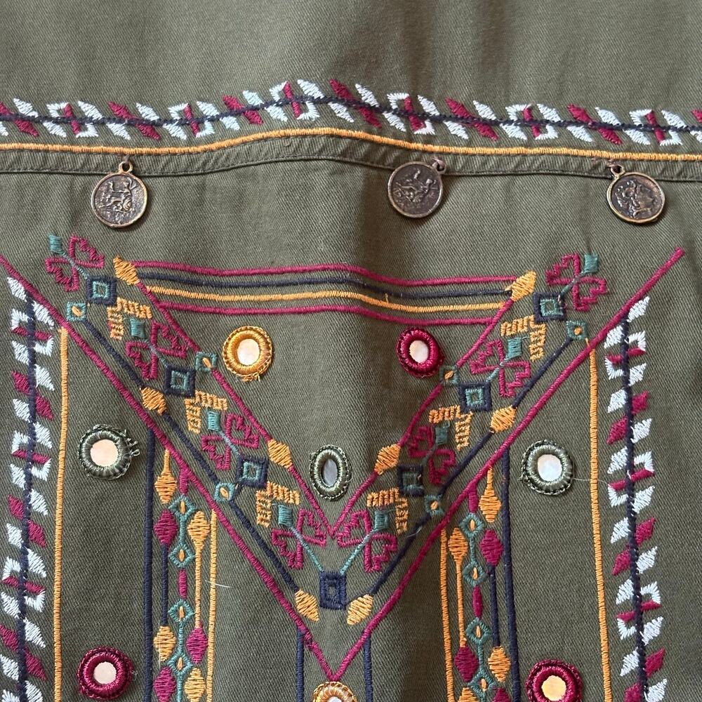 Anthropologie Beautiful Stories Embroidered Olive Jacket M Boho Metal Mirror - Picture 9 of 11